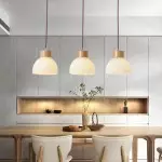 Tyrionth Wood Base 3 Light White Ribbed Glass Shade Pendant Light