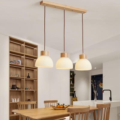 Tyrionth Wood Base 3 Light White Ribbed Glass Shade Pendant Light Tyrionth Wood Base 3 Light White Ribbed Glass Shade Pendant Light