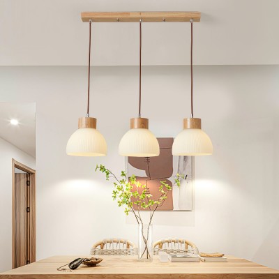 Tyrionth Wood Base 3 Light White Ribbed Glass Shade Pendant Light Tyrionth Wood Base 3 Light White Ribbed Glass Shade Pendant Light