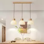 Tyrionth Wood Base 3 Light White Ribbed Glass Shade Pendant Light