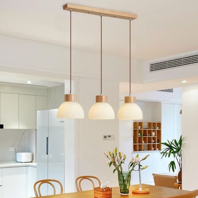 Tyrionth Wood Base 3 Light White Ribbed Glass Shade Pendant Light Tyrionth Wood Base 3 Light White Ribbed Glass Shade Pendant Light