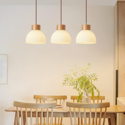 Tyrionth Wood Base 3 Light White Ribbed Glass Shade Pendant Light Tyrionth Wood Base 3 Light White Ribbed Glass Shade Pendant Light