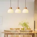 Tyrionth Wood Base 3 Light White Ribbed Glass Shade Pendant Light