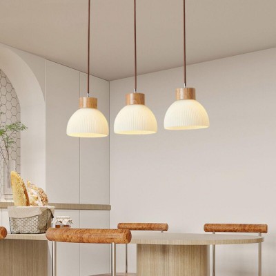Tyrionth Wood Base 3 Light White Ribbed Glass Shade Pendant Light Tyrionth Wood Base 3 Light White Ribbed Glass Shade Pendant Light