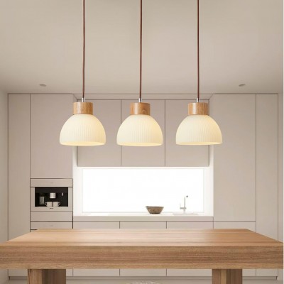 Tyrionth Wood Base 3 Light White Ribbed Glass Shade Pendant Light Tyrionth Wood Base 3 Light White Ribbed Glass Shade Pendant Light