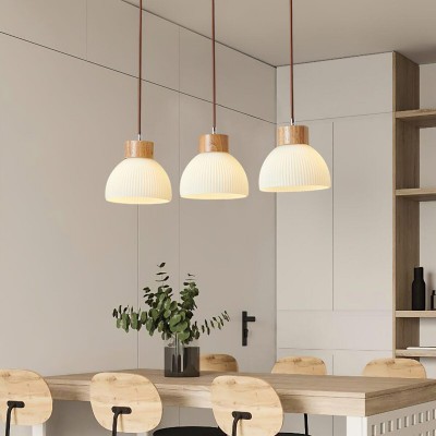 Tyrionth Wood Base 3 Light White Ribbed Glass Shade Pendant Light Tyrionth Wood Base 3 Light White Ribbed Glass Shade Pendant Light