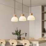 Tyrionth Wood Base 3 Light White Ribbed Glass Shade Pendant Light