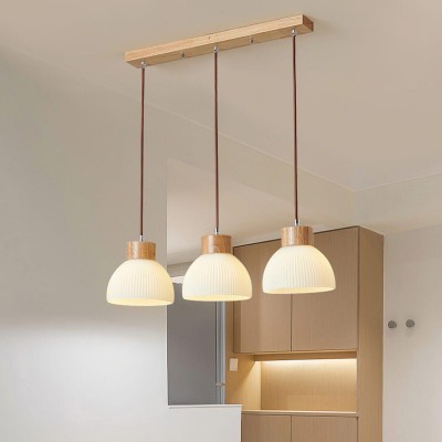 Tyrionth Wood Base 3 Light White Ribbed Glass Shade Pendant Light Tyrionth Wood Base 3 Light White Ribbed Glass Shade Pendant Light