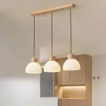 Tyrionth Wood Base 3 Light White Ribbed Glass Shade Pendant Light