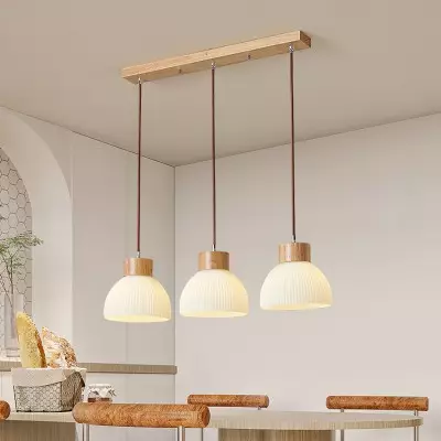 Tyrionth Wood Base 3 Light White Ribbed Glass Shade Pendant Light Tyrionth Wood Base 3 Light White Ribbed Glass Shade Pendant Light