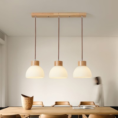Tyrionth Wood Base 3 Light White Ribbed Glass Shade Pendant Light Tyrionth Wood Base 3 Light White Ribbed Glass Shade Pendant Light