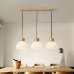 Tyrionth Wood Base 3 Light White Ribbed Glass Shade Pendant Light