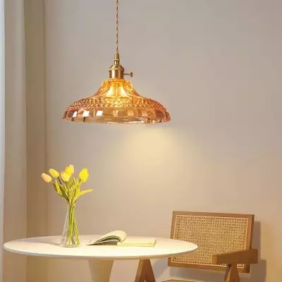 Olyx Amber Textured Glass Pot Lid Pendant Light Olyx Amber Textured Glass Pot Lid Pendant Light
