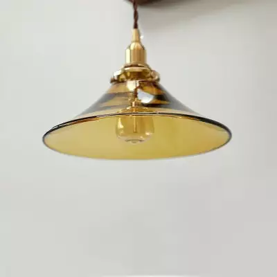 Vythar Retro Brass Cone Amber Glass Pendant Light Vythar Retro Brass Cone Amber Glass Pendant Light