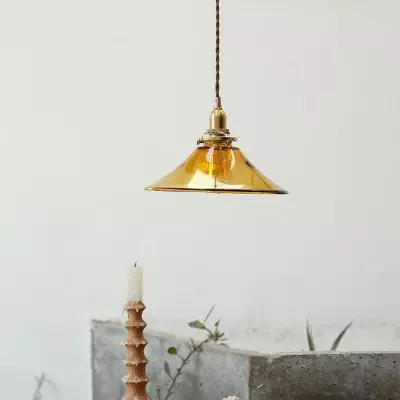 Vythar Retro Brass Cone Amber Glass Pendant Light Vythar Retro Brass Cone Amber Glass Pendant Light