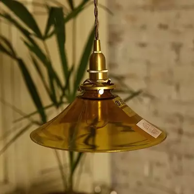 Vythar Retro Brass Cone Amber Glass Pendant Light Vythar Retro Brass Cone Amber Glass Pendant Light