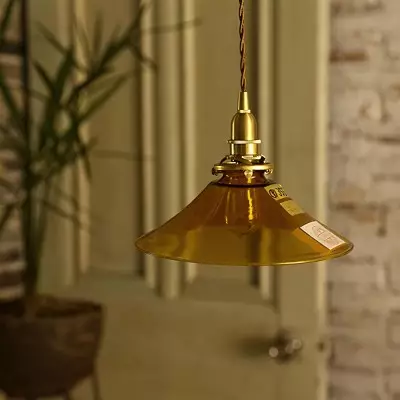 Vythar Retro Brass Cone Amber Glass Pendant Light Vythar Retro Brass Cone Amber Glass Pendant Light
