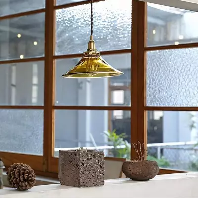 Vythar Retro Brass Cone Amber Glass Pendant Light Vythar Retro Brass Cone Amber Glass Pendant Light