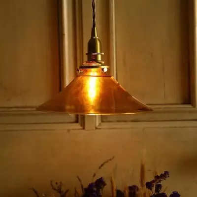 Vythar Retro Brass Cone Amber Glass Pendant Light Vythar Retro Brass Cone Amber Glass Pendant Light
