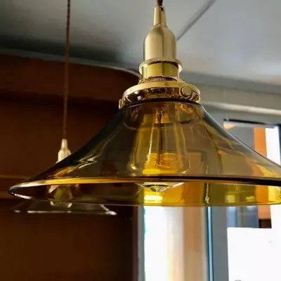 Vythar Retro Brass Cone Amber Glass Pendant Light Vythar Retro Brass Cone Amber Glass Pendant Light