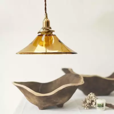 Vythar Retro Brass Cone Amber Glass Pendant Light Vythar Retro Brass Cone Amber Glass Pendant Light