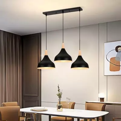 Wrenna 3-Light Black And Wood Dome Pendant Light Wrenna 3-Light Black And Wood Dome Pendant Light