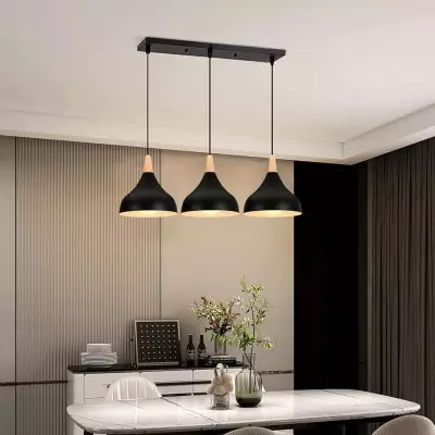 Wrenna 3-Light Black And Wood Dome Pendant Light Wrenna 3-Light Black And Wood Dome Pendant Light