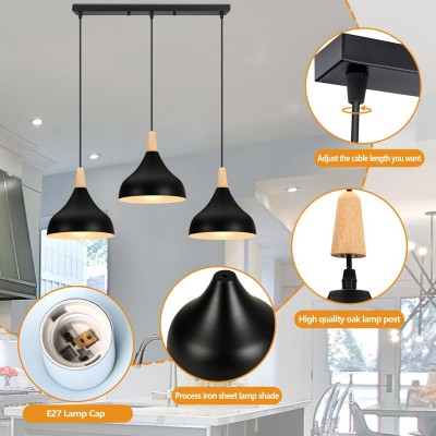 Wrenna 3-Light Black And Wood Dome Pendant Light Wrenna 3-Light Black And Wood Dome Pendant Light