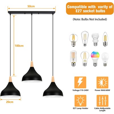 Wrenna 3-Light Black And Wood Dome Pendant Light Wrenna 3-Light Black And Wood Dome Pendant Light