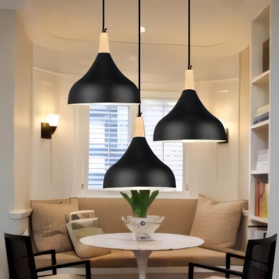Wrenna 3-Light Black And Wood Dome Pendant Light Wrenna 3-Light Black And Wood Dome Pendant Light