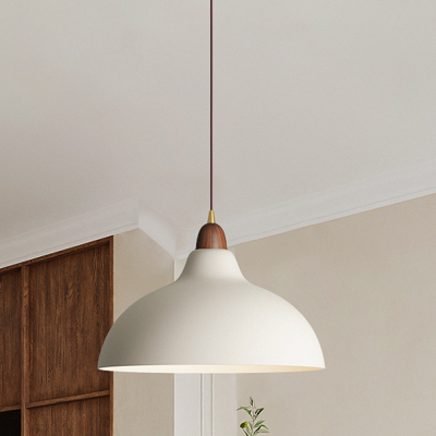 Zarek Minimalist Walnut Wrought Iron Bowl Shaped Pendant Light Zarek Minimalist Walnut Wrought Iron Bowl Shaped Pendant Light