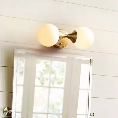 Dymon Small Brass White Frosted Glass Double Heads Orb Sconce Dymon Small Brass White Frosted Glass Double Heads Orb Sconce