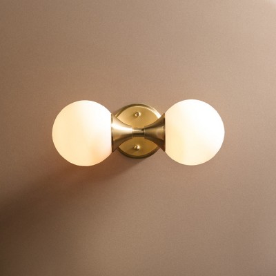 Dymon Small Brass White Frosted Glass Double Heads Orb Sconce Dymon Small Brass White Frosted Glass Double Heads Orb Sconce