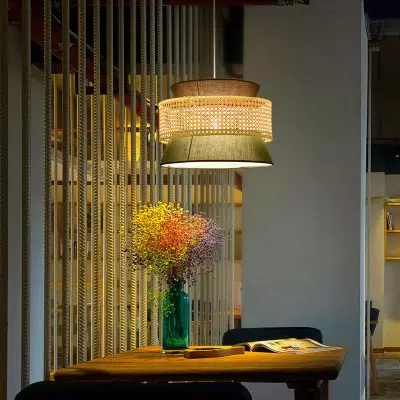 Lyzar Rustic Tiered Rattan Fabric Pendant Light Lyzar Rustic Tiered Rattan Fabric Pendant Light