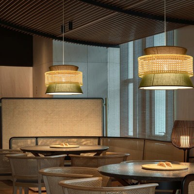 Lyzar Rustic Tiered Rattan Fabric Pendant Light