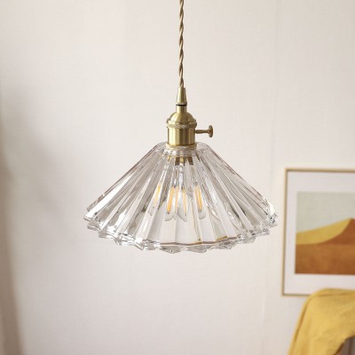 Fyron Retro Clear Brass Glass Pleated Pendant Light Fyron Retro Clear Brass Glass Pleated Pendant Light