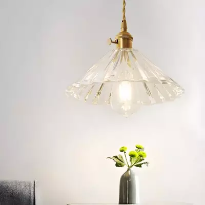 Fyron Retro Clear Brass Glass Pleated Pendant Light Fyron Retro Clear Brass Glass Pleated Pendant Light