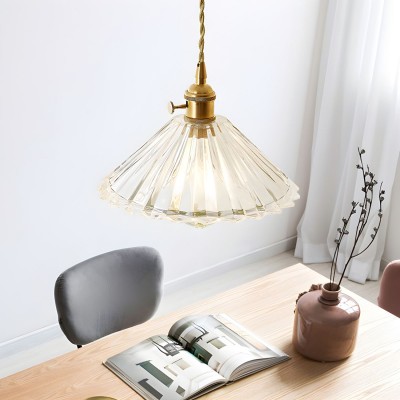 Fyron Retro Clear Brass Glass Pleated Pendant Light Fyron Retro Clear Brass Glass Pleated Pendant Light