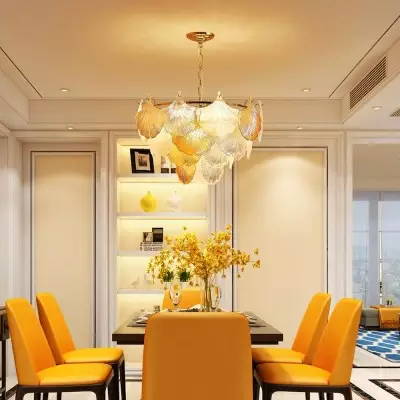 Cyan Champagne Ginkgo Leaf Textured Glass Chandelier