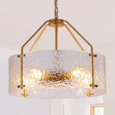Elys Modern Water Corrugated Glass Drum Shade Pendant Light Elys Modern Water Corrugated Glass Drum Shade Pendant Light