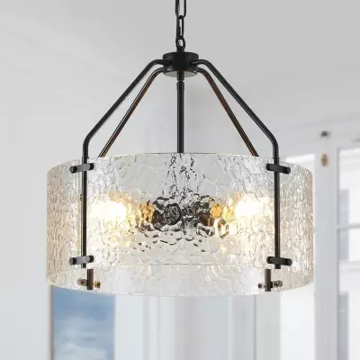 Elys Modern Water Corrugated Glass Drum Shade Pendant Light Elys Modern Water Corrugated Glass Drum Shade Pendant Light