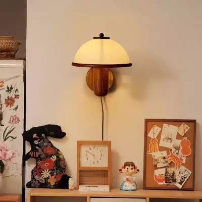 Zera Wood Mushroom White Milk Shade Plug In Sconce Zera Wood Mushroom White Milk Shade Plug In Sconce