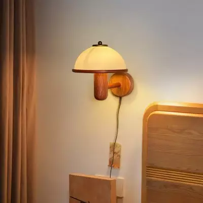 Zera Wood Mushroom White Milk Shade Plug In Sconce Zera Wood Mushroom White Milk Shade Plug In Sconce