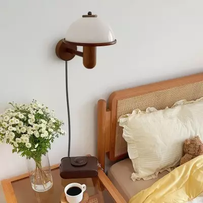 Zera Wood Mushroom White Milk Shade Plug In Sconce Zera Wood Mushroom White Milk Shade Plug In Sconce