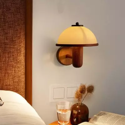 Zera Wood Mushroom White Milk Shade Plug In Sconce Zera Wood Mushroom White Milk Shade Plug In Sconce