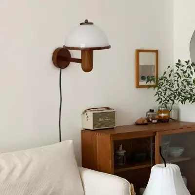 Zera Wood Mushroom White Milk Shade Plug In Sconce Zera Wood Mushroom White Milk Shade Plug In Sconce