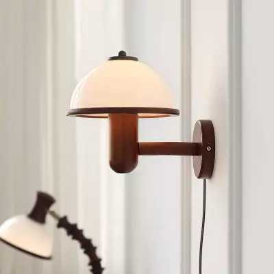 Zera Wood Mushroom White Milk Shade Plug In Sconce Zera Wood Mushroom White Milk Shade Plug In Sconce
