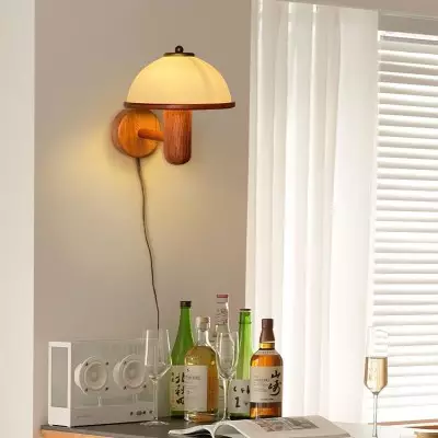 Zera Wood Mushroom White Milk Shade Plug In Sconce Zera Wood Mushroom White Milk Shade Plug In Sconce
