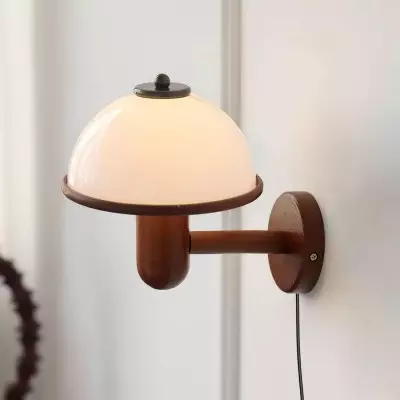 Zera Wood Mushroom White Milk Shade Plug In Sconce Zera Wood Mushroom White Milk Shade Plug In Sconce