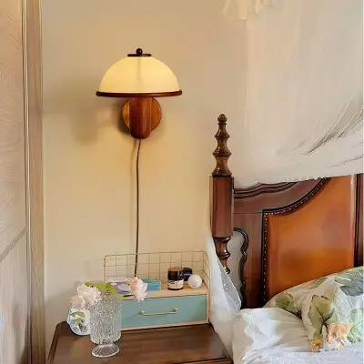 Zera Wood Mushroom White Milk Shade Plug In Sconce Zera Wood Mushroom White Milk Shade Plug In Sconce